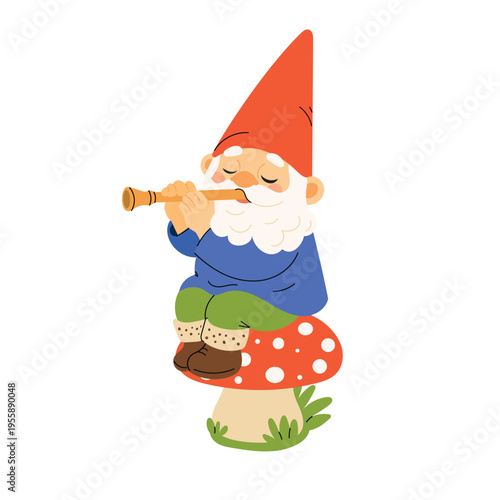 Cute garden gnome playing flute sitting on mushroom. Funny forest character for kids design, nursery decor and fairy tale illustration. Vector illustration isolated on white background.