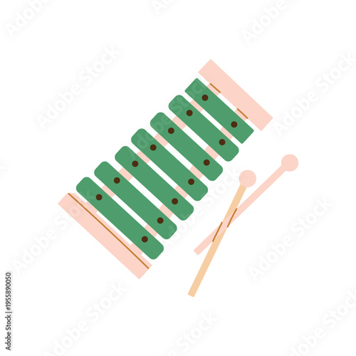Xylophone toy with sticks. Musical instrument for children. Flat vector illustration isolated on white background.