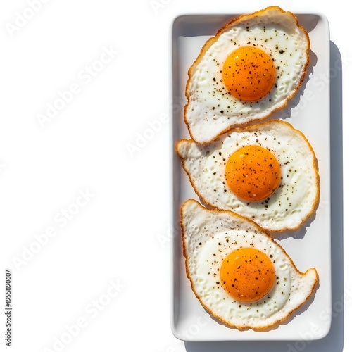Top Down View of Three Fried Sunny Side Up Eggs Served on a White Rectangular Plate