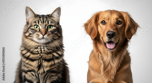 Portrait of a majestic tabby cat and a happy golden retriever dog sitting together.