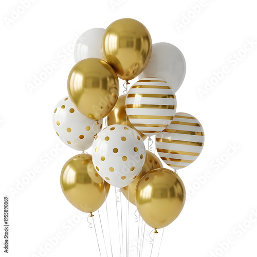 Elegant bunch of gold and white festive balloons with striped and polka dot patterns