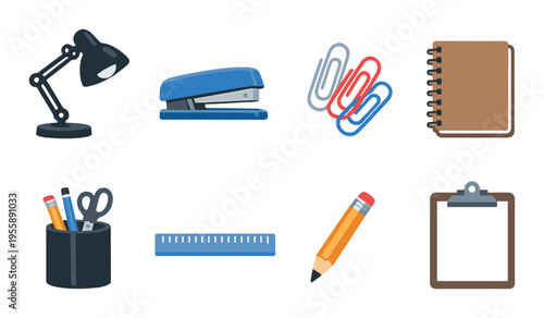 Office supplies arranged on dark gradient background