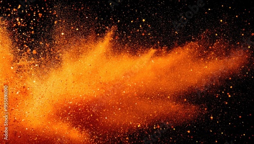 Explosion of orange dust particles on a black backdrop, dynamic and textural