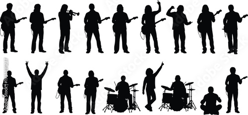 Collection of musician silhouettes performing with guitar, drums and trumpet showing live band concert poses isolated on white background