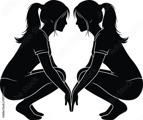 Mirror silhouette of two women squatting facing each other in symmetrical pose isolated on white background for fitness and lifestyle concepts