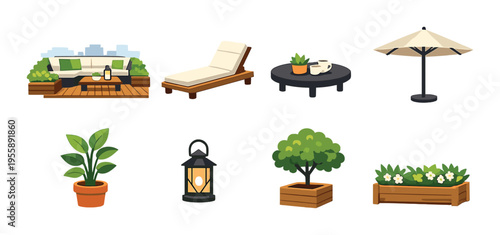 Outdoor lounge furniture and plants on deck patio setting