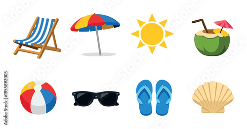 Beach items displayed on plain background with sun