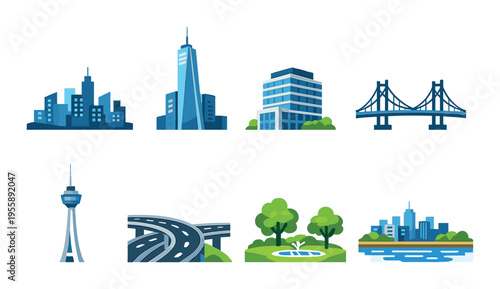 Urban landmarks and infrastructure icons on dark background