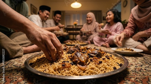 Macro Close-Up of Hand Holding a Tender Roasted Lamb Leg over Spiced Rice on a Traditional Rug for Premium Dining