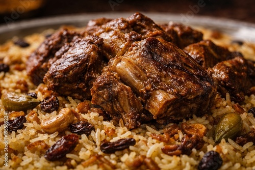 Macro Close-Up of Juicy Roasted Lamb Chunks on Authentic Spiced Rice with Nuts and Cardamom