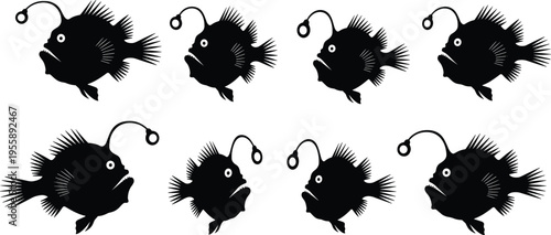 Anglerfish silhouette set. Deep sea fish vector collection with eye detail, textured fins, and lure shapes. Marine silhouettes isolated for ocean, wildlife, and graphic design use.