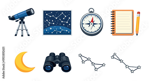 Telescope compass and stargazing tools on dark background