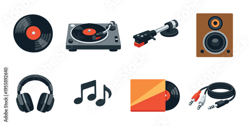 Music icons turntable headphones speaker and vinyl on dark background