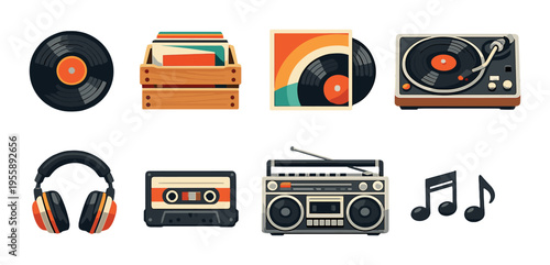 Vinyl crate turntable cassette and headphones on dark backdrop