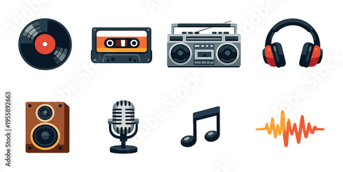 Vinyl, cassette, boombox and headphones on dark backdrop