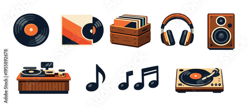 Vinyl records, turntables and headphones arranged on wooden display