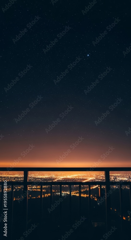 Fototapeta premium A metal balcony railing overlooks a dark expanse of glowing stars and soft city lights, creating a quiet atmosphere of late night solitude, stars, evening, shadow