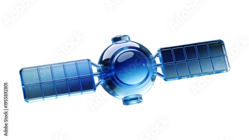 Futuristic blue glass satellite with two solar panels for space communication