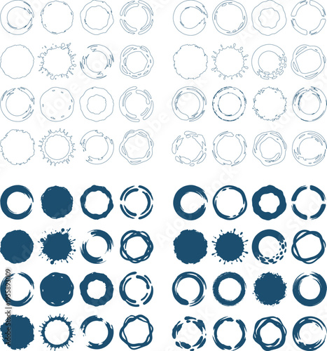 Abstract circular shapes and brush stroke icons, ink blots and paint splashes. Set of organic, fluid, and textured round elements for design