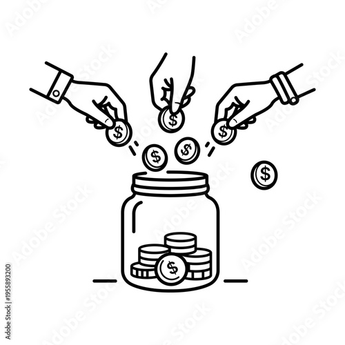 Crowdfunding vector icon illustration featuring hands dropping dollar coins into a glass jar, representing fundraising, collective donation, and financial support in a minimalist line art style.