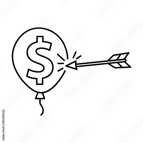 Inflation impact vector icon illustration featuring a minimalist black line art dollar sign balloon being popped by an arrow, representing economic crisis, financial risk, and market crash.