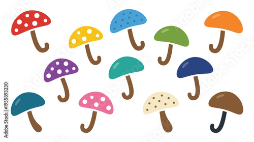 A vibrant collection of cartoon-style mushrooms in various colors and patterns, scattered across a white background.