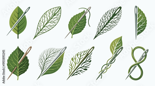 A collection of ten artistic illustrations depicting green leaves being stitched with needles and thread, showcasing intricate vein patterns and creative needlework.