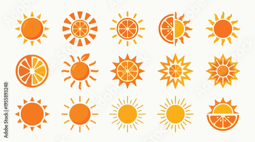 A collection of stylized sun icons, some incorporating orange slices and segments, in various artistic designs.