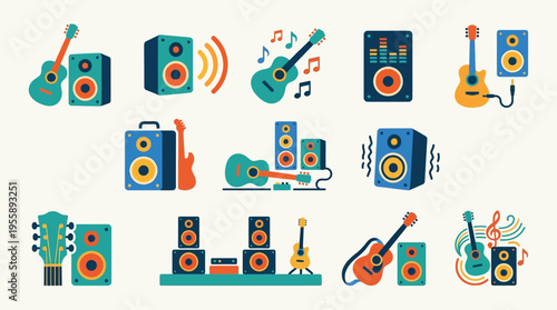 Collection of flat design icons representing musical instruments and audio equipment, including guitars and speakers.