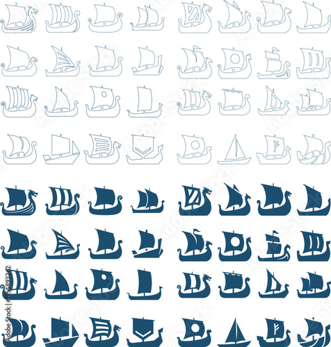Collection of Viking ship icons and symbols, ancient naval transport and historical sailing vessels