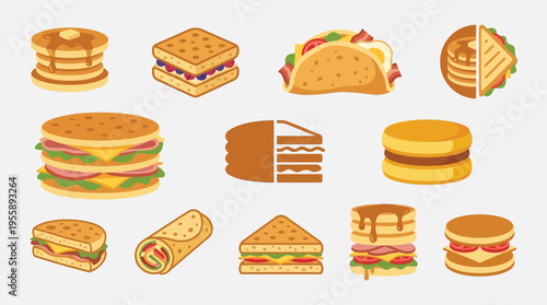 A vibrant collection of diverse sandwich and breakfast food illustrations, showcasing a variety of popular fast food and meal options.