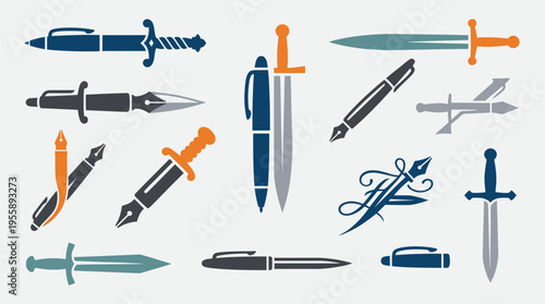 Collection of stylized pens and swords, blending writing instruments with weaponry for a unique artistic concept.
