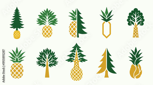 Collection of stylized pineapples and trees, blending natural elements into unique graphic designs.