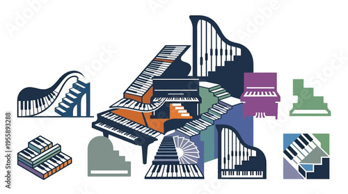 An artistic arrangement of various piano keyboards and harp designs, forming a staircase-like structure.