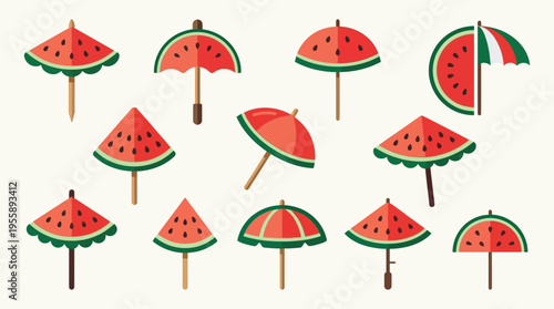 A collection of stylized watermelon slice-shaped cocktail umbrellas and parasols, perfect for summer parties and drinks.