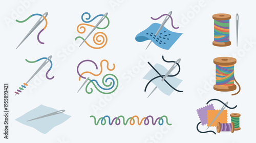 A collection of vector illustrations depicting various sewing and embroidery techniques, including needles, threads, spools, and fabric samples.