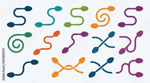 A collection of abstract, stylized sperm icons in various colorful designs and arrangements, representing fertility and reproduction concepts.