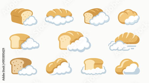 A collection of twelve stylized illustrations of bread loaves, each partially obscured by fluffy white clouds, presented in a grid format.