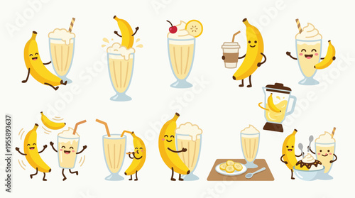 A collection of cute, anthropomorphic bananas enjoying various banana-themed drinks and desserts, showcasing a playful and cheerful mood.