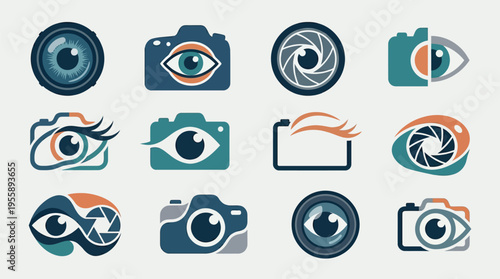 A collection of twelve stylized icons representing cameras and eyes, blending photography and vision themes.