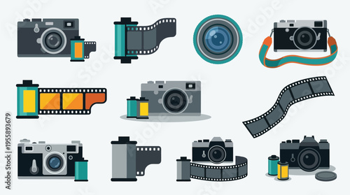 Collection of vintage and modern cameras, film rolls, and camera lenses, representing the art and technology of photography.