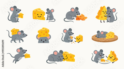 A charming collection of cute cartoon mice interacting with delicious cheese in various playful and heartwarming scenarios.