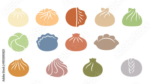 A collection of diverse dumplings and dim sum illustrations in various colors and shapes.