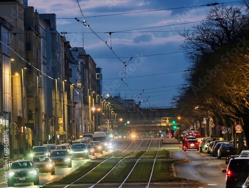 Cuadro en lienzo Urban dusk street with moving vehicles
