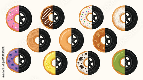 A creative collection of donuts artfully combined with car tires, showcasing a variety of flavors and designs.