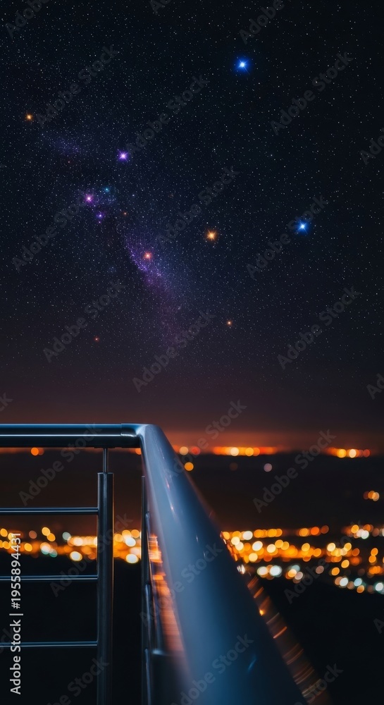 Fototapeta premium A metal balcony railing overlooks a dark expanse of glowing stars and soft city lights, creating a quiet atmosphere of late night solitude, vantage, railing, horizon