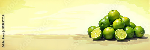 Ultra wide illustration of a pile of fresh limes arranged on the right side with soft watercolor background and large copy space, ideal for healthy food ads, menus, and header banners