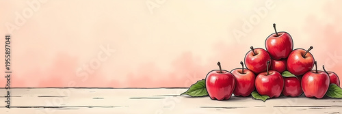 Ultra wide illustration of a pile of fresh red apples arranged on the right side with soft watercolor background and large copy space, ideal for healthy food ads, menus, and header banners