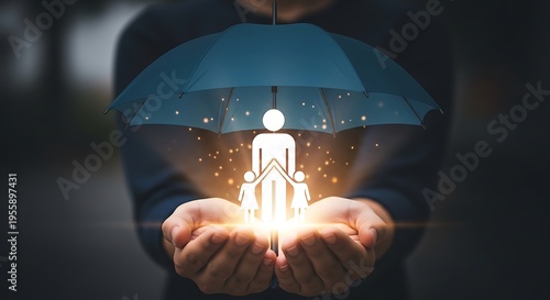 Protective Hands Holding Family Under Blue Umbrella