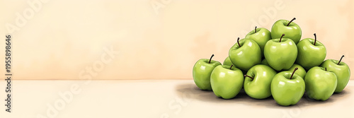 Ultra wide illustration of a pile of fresh green apples arranged on the right side with soft watercolor background and large copy space, ideal for healthy food ads, menus, and header banners